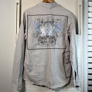 Pop Icon Shirt Gray Embroidered Crest Affliction Distressed Graphic - Medium